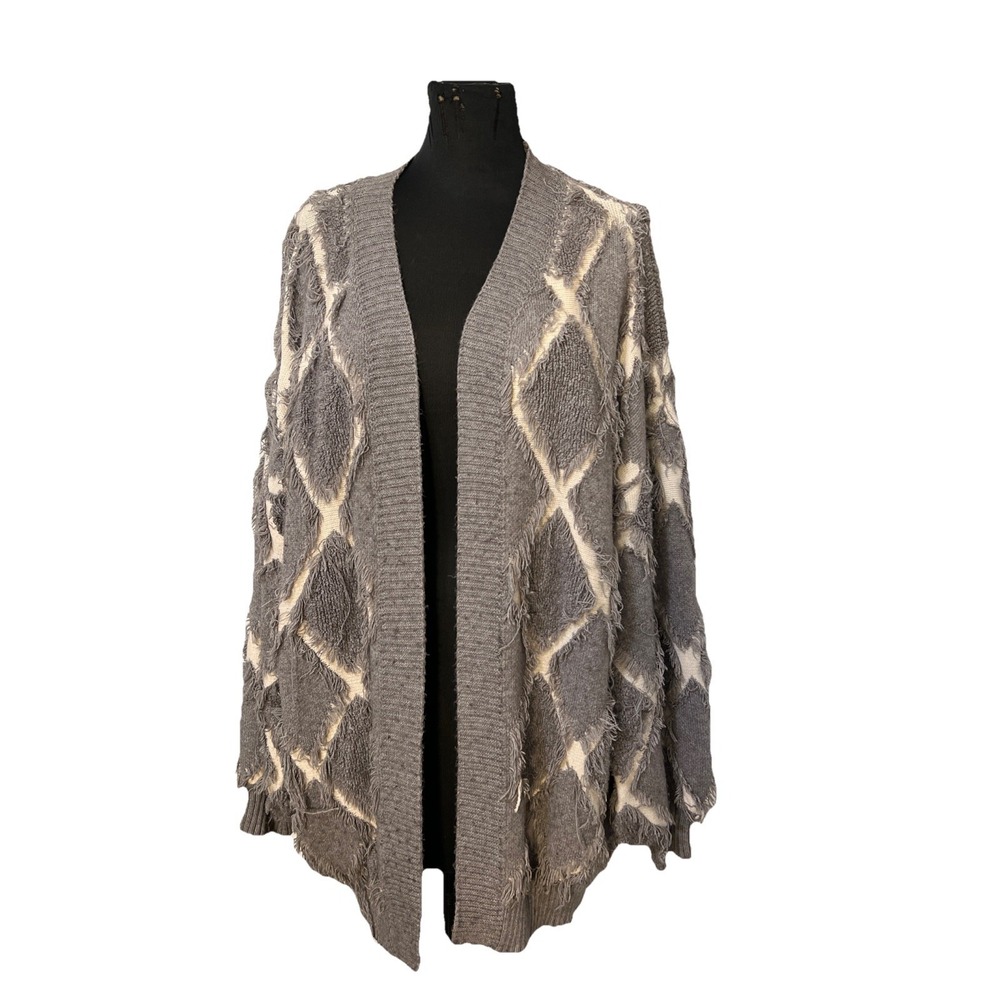 BiBi Fringe Knitted Open Front‎ Cardigan Beige Gray Large Diamond
